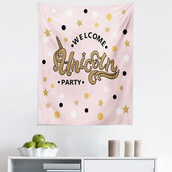 Unicorn Party Tapestry, Hand Drawn Lettering with Pale Pink Dots and Stars Background, Fabric Wall Hanging Decor for Bedroom Living Room Dorm, 5 Sizes, Apricot Pale Pink Black, by Ambesonne