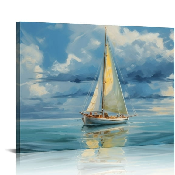 ERAPDAUR Nautical Sailboat Canvas Wall Art Seascape Paintings, Ocean Decor Artwork Pictures for Living Room Bedroom Bathroom Home Office, White Blue Coastal Wall Decor  20x16in