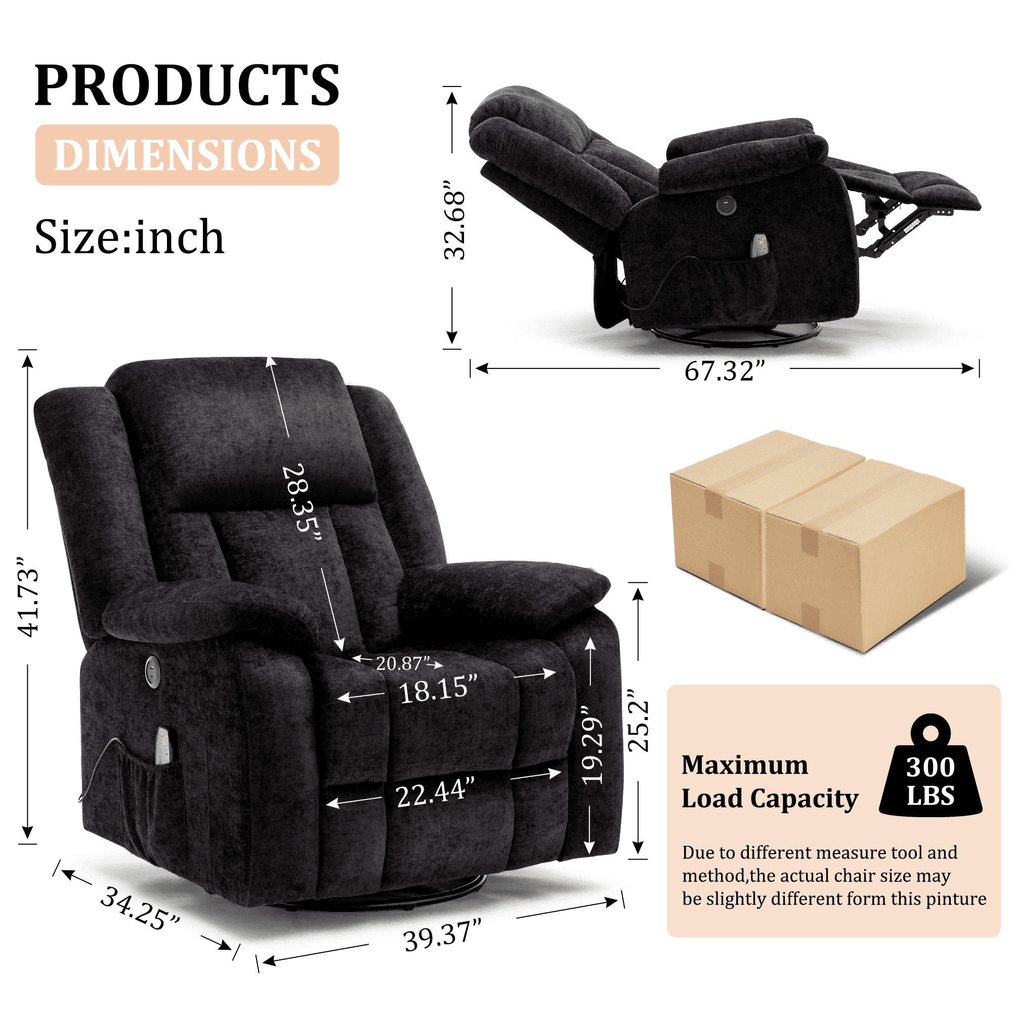 Korser Massage Swivel Rocker Recliner Chair with USB Ports Chenille for Living Room,Black
