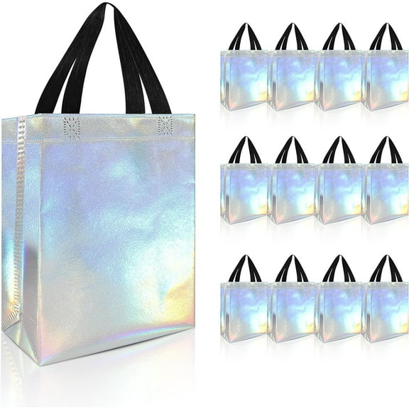 PHOGARY 12 Pack Iridescent Gift Bags with Handles, Reusable Goodie Bags Medium Size, Non-Woven Iridescent Party Favor Bags, Birthday Holographic Gift tote bag, Disco Bachelorette Party Bags