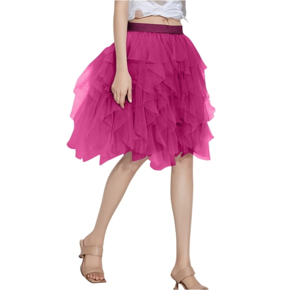 Women Tulle Tutu Mini Skirt Solid Color Elastic High Waist Layered Mesh Fairy A-Line Skirt for Beach Party Streetwear