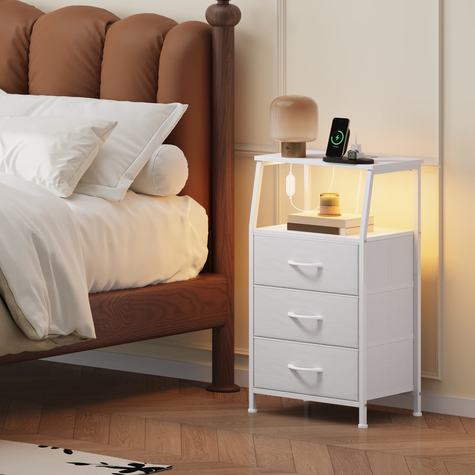 Eunos White Small Nightstand with Charging Station, 3 Drawer Bedside Table Set of 2 for Bedroom, Living Room
