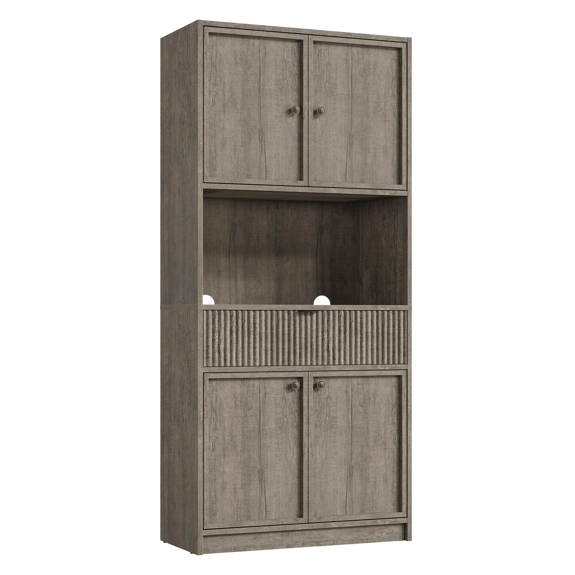 Juiluna Tall Kitchen Pantry Cabinet, 70 in Pantry Storage Cabinet with Countertop, Fluted Kitchen Hutch Cabinets with Doors and Drawer, Freestanding Cupboard for Dining Room, Living Room, Grey