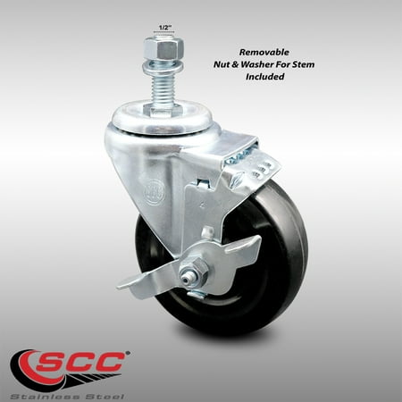 Stainless Steel Hard Rubber Swivel Threaded Stem Caster w 4 x 1 25 Black Wheel and 1 2 Stem Top Locking Brake 300 lbs Capacity Caster Service Caster Brand