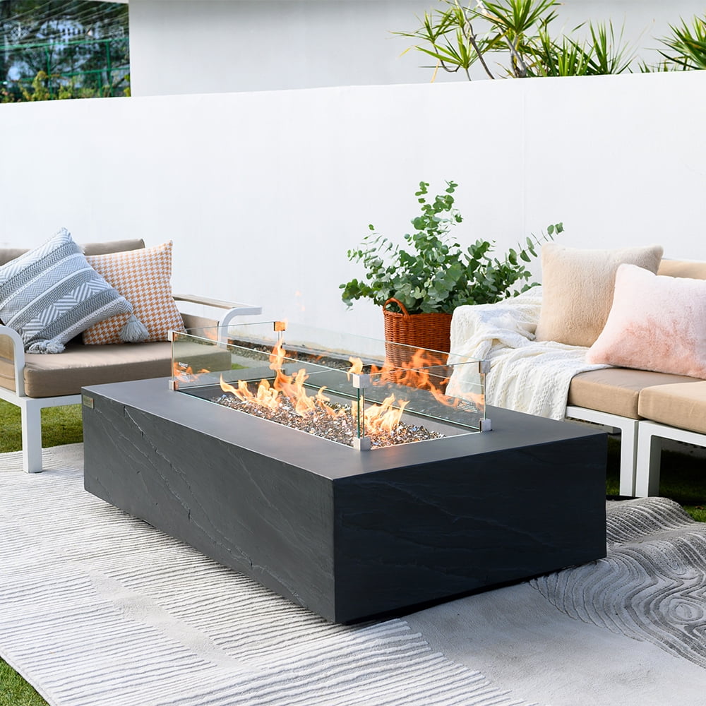 Elementi Plus Capetown Natural Gas Fire Pit for Outside Outdoor Fire Pit Table Smokeless Firepit Concrete Rectangular Fire Table Patio Heater Fireplace 60000 BTUs - Slate Black, 55.9 x 31.9 Inches