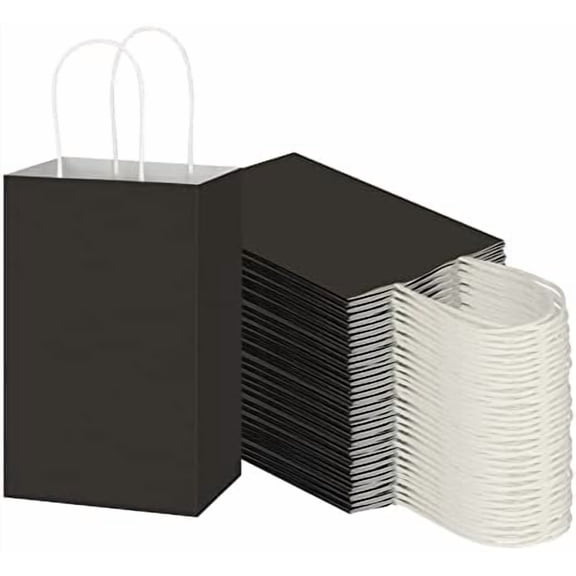 100 Pack 5.25x3.25x8.25 Inch Small Black Kraft Paper Bags with Handles Bulk, Gift Wrap Bags for Favor Grocery Retail Party Birthday Shopping Business Goody Craft Merchandise Take Out Cub Sacks