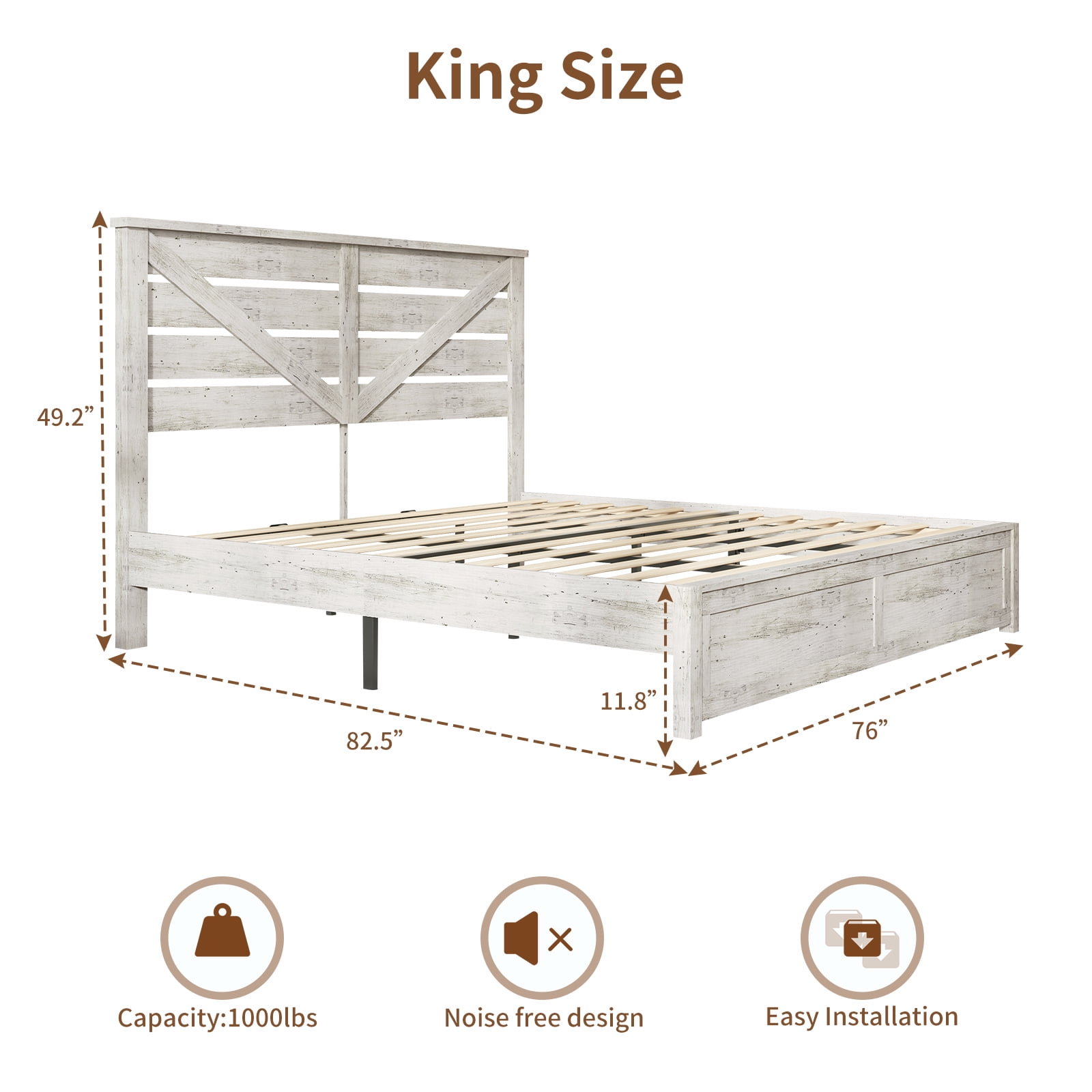 VanAcc King Size Platform Bed Frame with Wood Grain Headboard, Farmhouse Bed Frame with Storage/No Box Spring Needed/Noisy Free/Easy Assembly/White