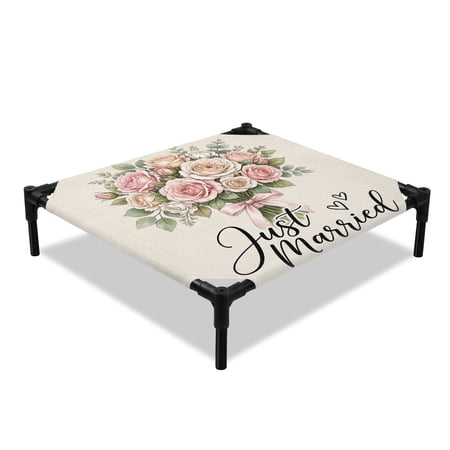 Rose Bouquet Elevated Dog Bed Bridal Shower Floral Just Married Elegant Cooling Breathable Outdoor Raised Dog Cot Bed with Metal Frame Non-Slip Feet for Small Dog 20x20in