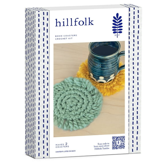 Hillfolk Crochet Coaster Kit- Includes Crochet Hook, Yarn, Plastic Yarn Needle And Instructions. Makes Two Coasters.