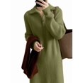 thumbnail image 2 of Women'S Elegant Long Sleeve Lapel Knitted Fall Winter Over-The-Knee Sweater Dress with Zipper Olive Color One size, 2 of 7