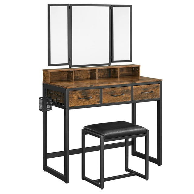Juego de Mesa de Maquillaje VASAGLE con Espejo Triple y Taburete 3 Cajones Industrial Marrón y Negro
