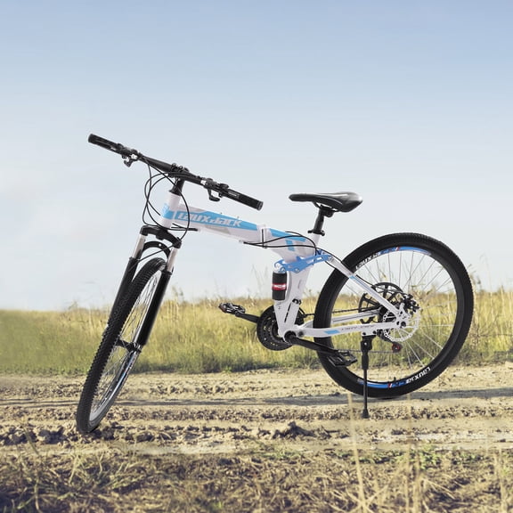 26" Folding Mountain Bike with 21-Speed Shifter – Dual Disc Brakes, Full Suspension, Adjustable Seat, Carbon Steel Frame – Off-Road & Urban Commuter Bicycle