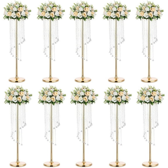 Nuptio 35" Tall Gold Crystal Flower Stand Table Centerpiece Decor ，Elegant Bridal Shower Party Wedding Centerpiece Decoration，Set of 10
