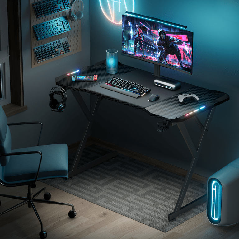 HOMCOM 47 inch Gaming Computer Desk, Home Office Gamer Table Workstation  with Cup Holder, Headphone Hook, Cable Management, Carbon Fiber Surface