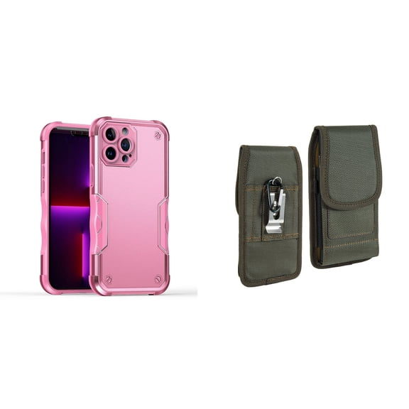 Case with Belt Holster Bundle for iPhone 14 Pro Max: Slim EX Hybrid Series Shockproof Case (Pink) and Vertical Rugged Nylon Phone Pouch (Midnight Green)