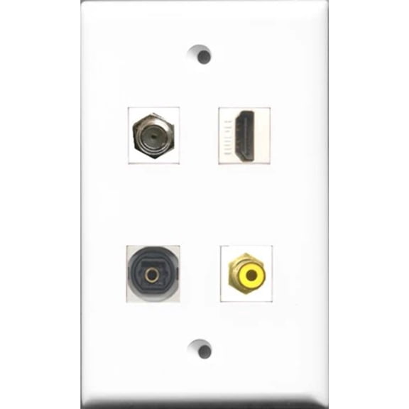 RiteAV 1 Port HDMI and 1 Port RCA Yellow and 1 Port Coax Cable TV- F-Type and 1 Port Toslink Wall Plate