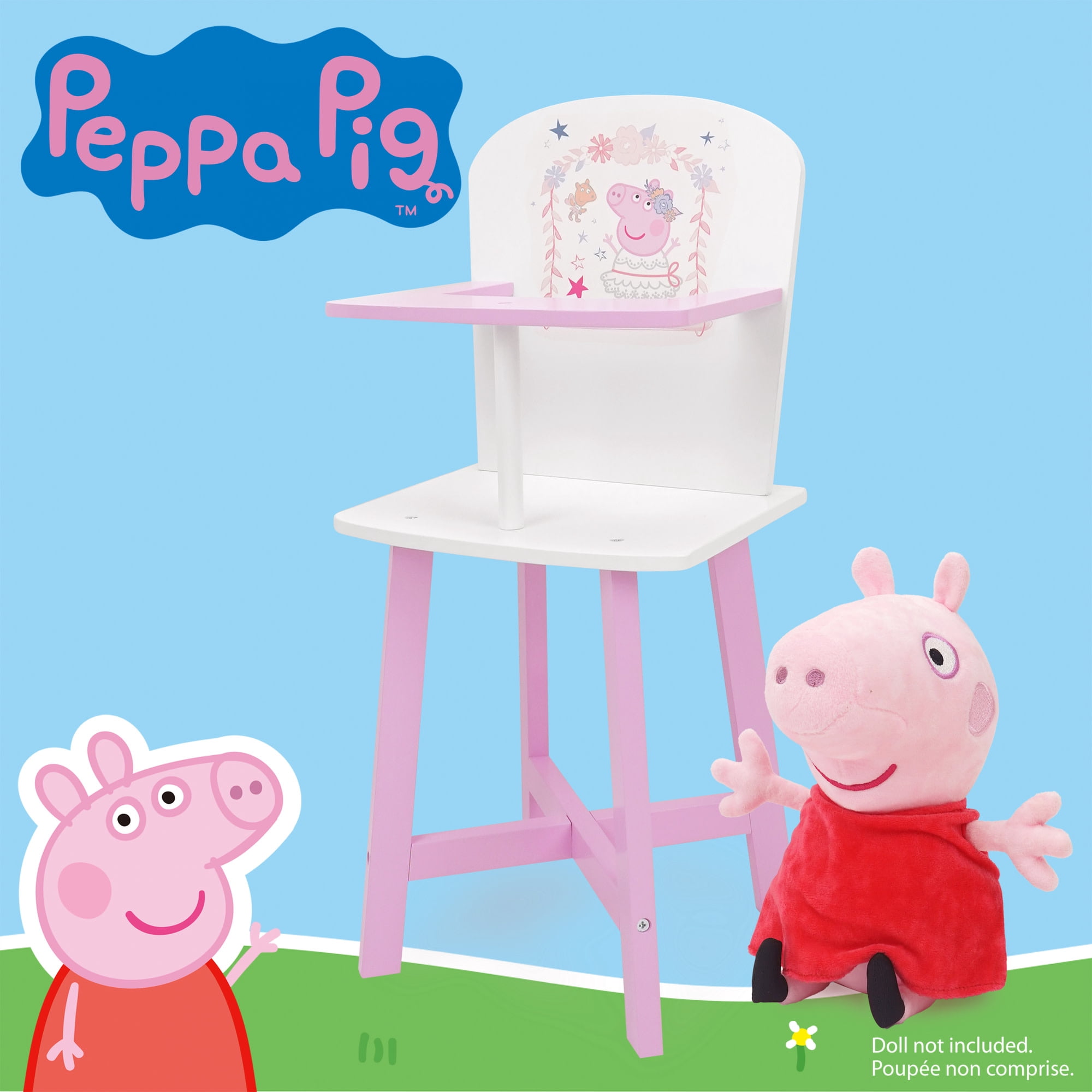 509 Crew: Peppa Pig - Wooden Doll High Chair - Pink- White-Ballerina, Secure Seating, Doll & Plush Feeding Accessory, Nurturing Roleplay Toy, Kids 3+
