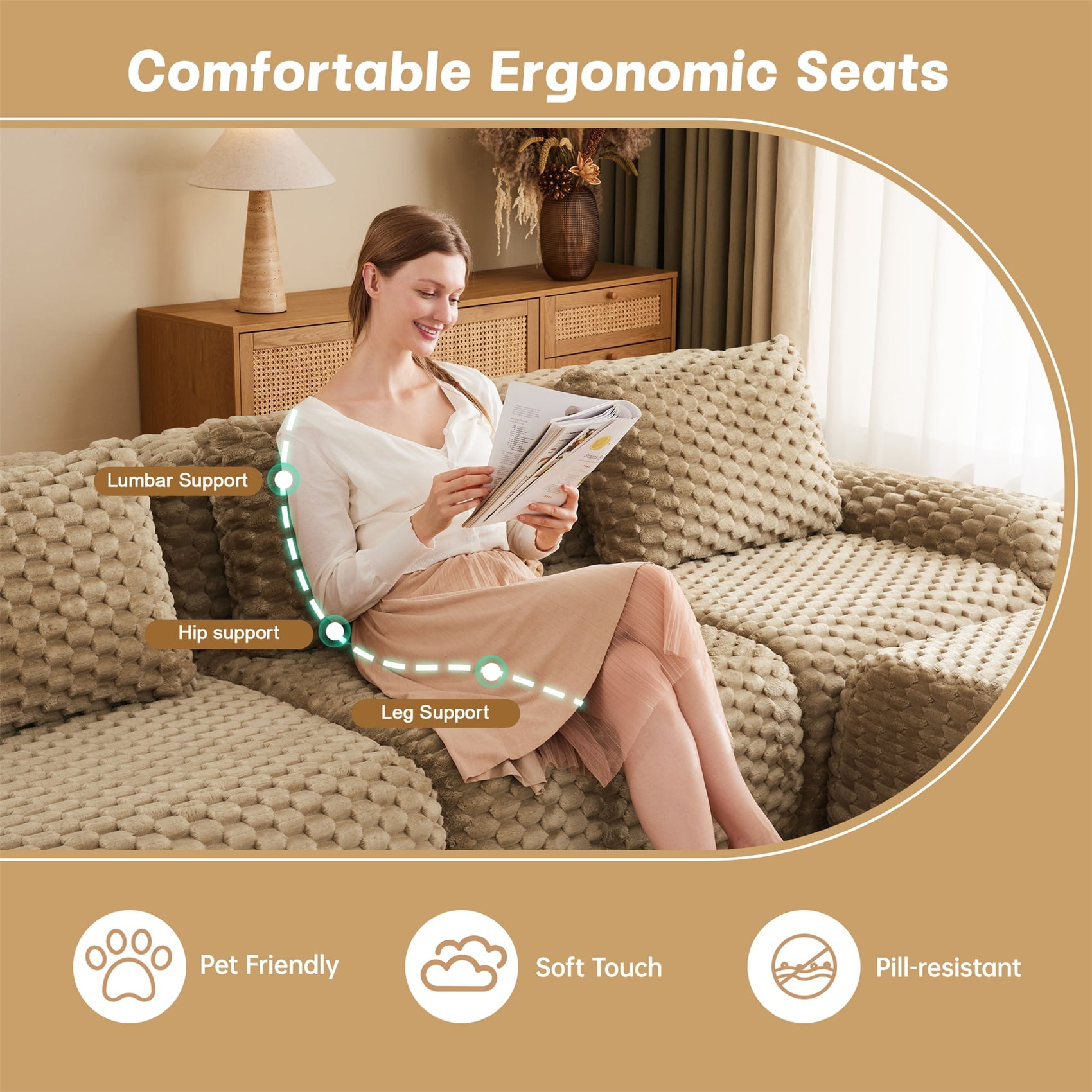 Alvantor 146" Cloud Modular Sectional Sofa with Movable Ottoman, U Shaped Deep Seat Flannelette Boneless Couch for Living Room Bedroom Light Camel