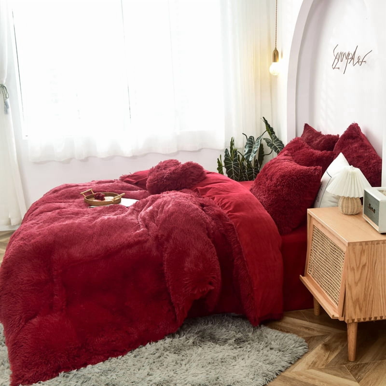 MorroMorn 5 PCS Shaggy Duvet Cover Bedding Set - Fluffy Comforter Cover Long Faux Fur Luxury Ultra Soft Cozy (Dark Red, King/California King)