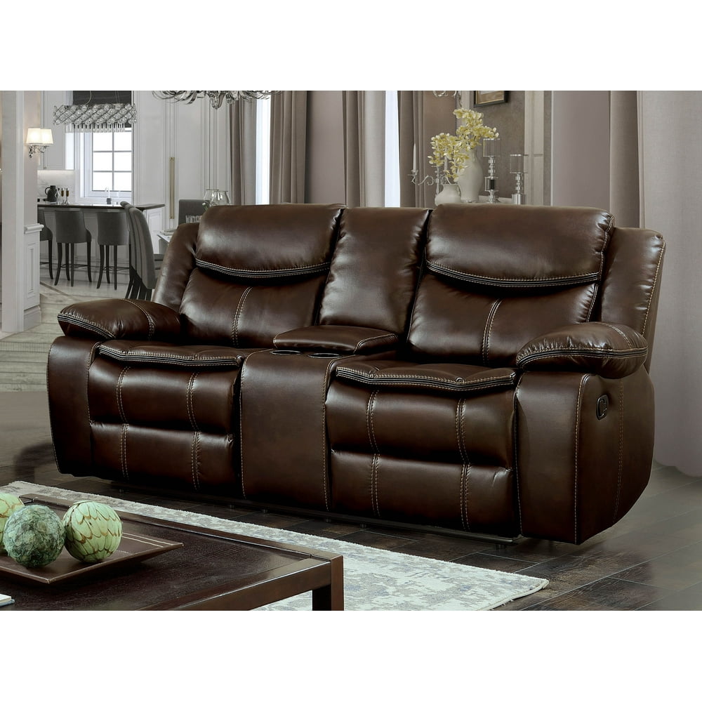 Furniture of America Faux Leather Judson Loveseat with Console, Brown ...