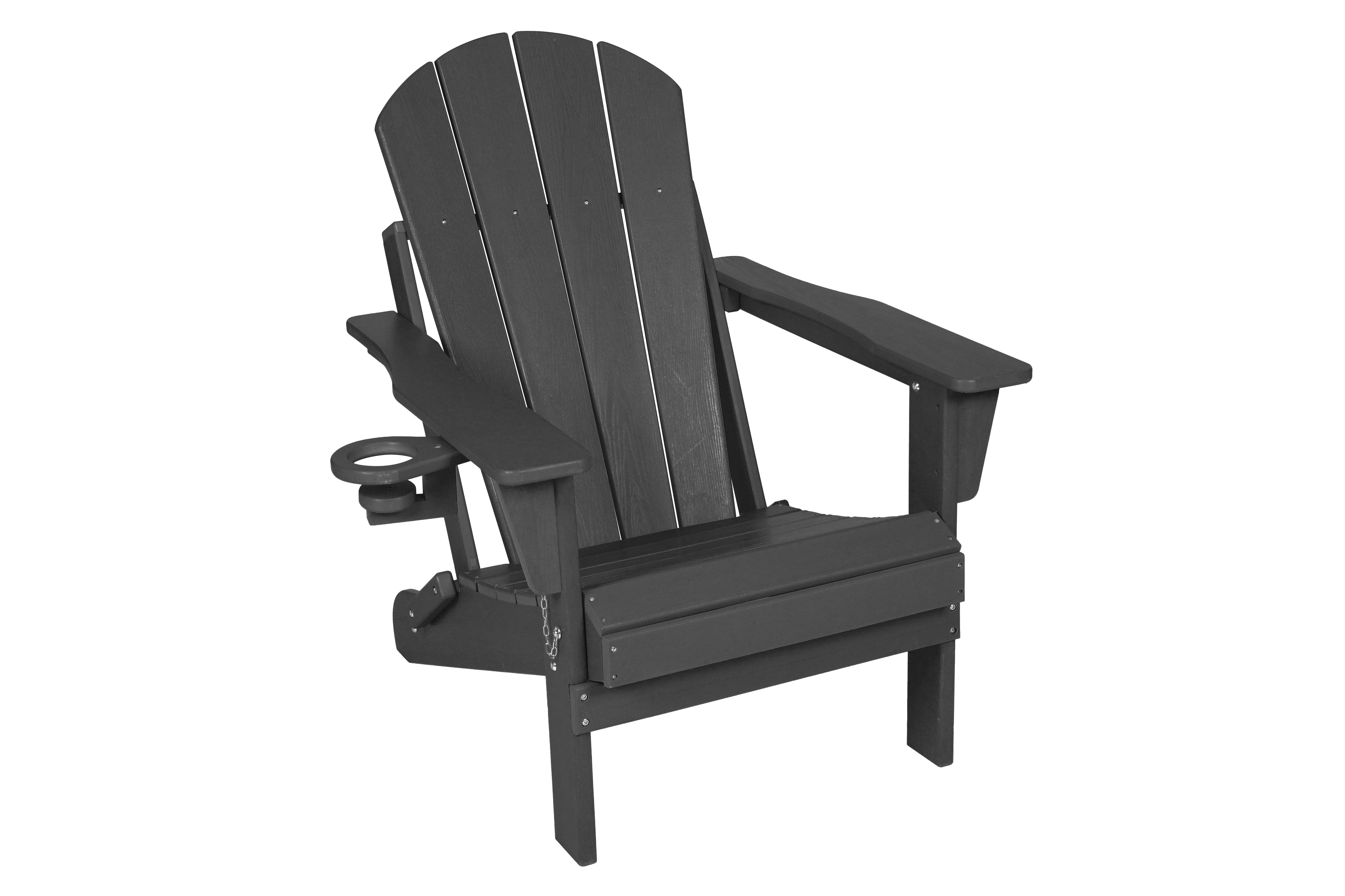 Gray HDPE Folding Adirondack Chair with Dual Cup Holders, Wood‑Textured Weather‑Resistant Composite Outdoor Patio Lounge Chair