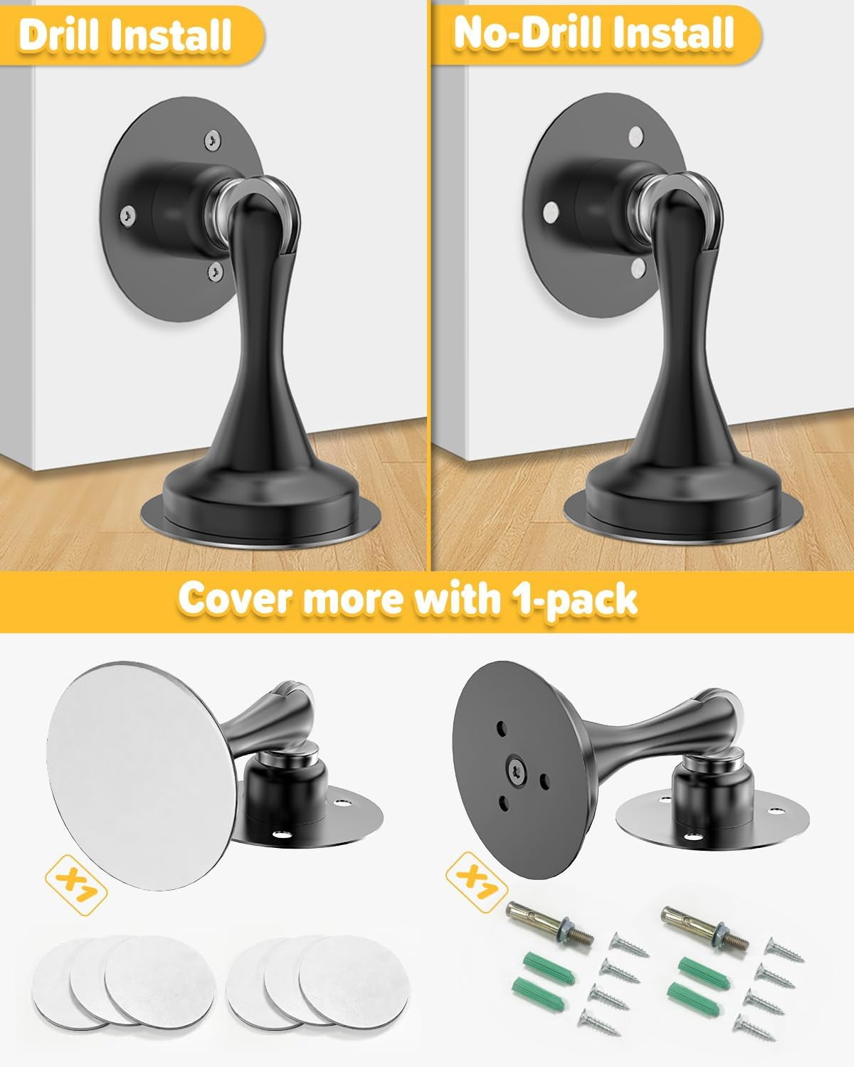 JJEAN-Magnetic Door Stop Door Stoppers - Stainless Steel Powerful Doorstop Catch for Wall Floor Heavy Duty Hold Door No Drilling Double-Sided Adhesive Screws Keep Open, Matte Black