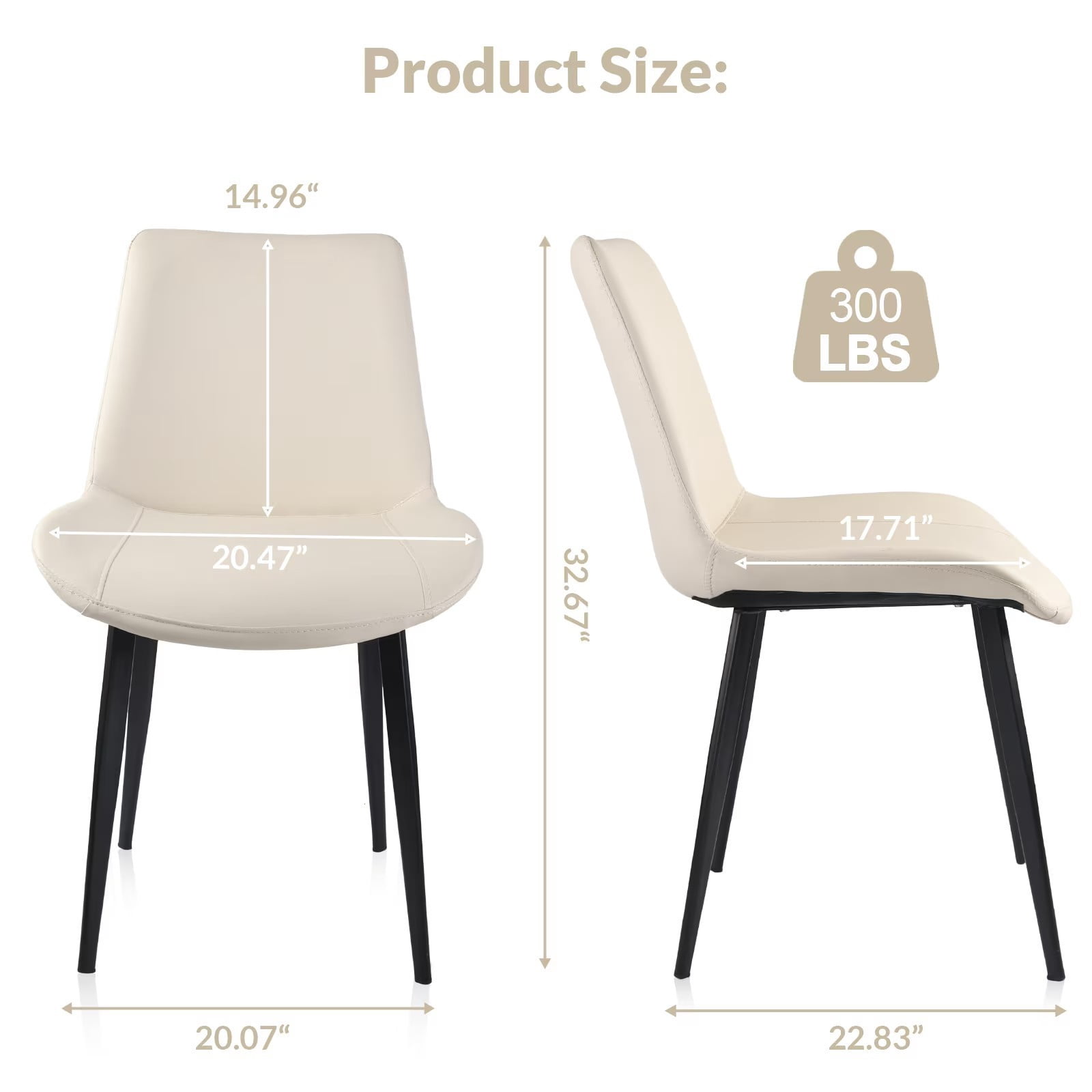 Beige PU Leather Dining Chairs Set of 2, Modern Upholstered Kitchen Chairs with Metal Legs, Armless Side Chairs for Dining Room, Restaurant, Living Room & Meeting Room