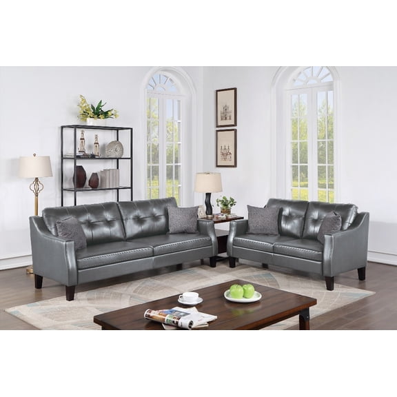 Modern Gray Gel Leatherette 2-Piece Sofa Set with Plush Cushions and Tufted Backrest