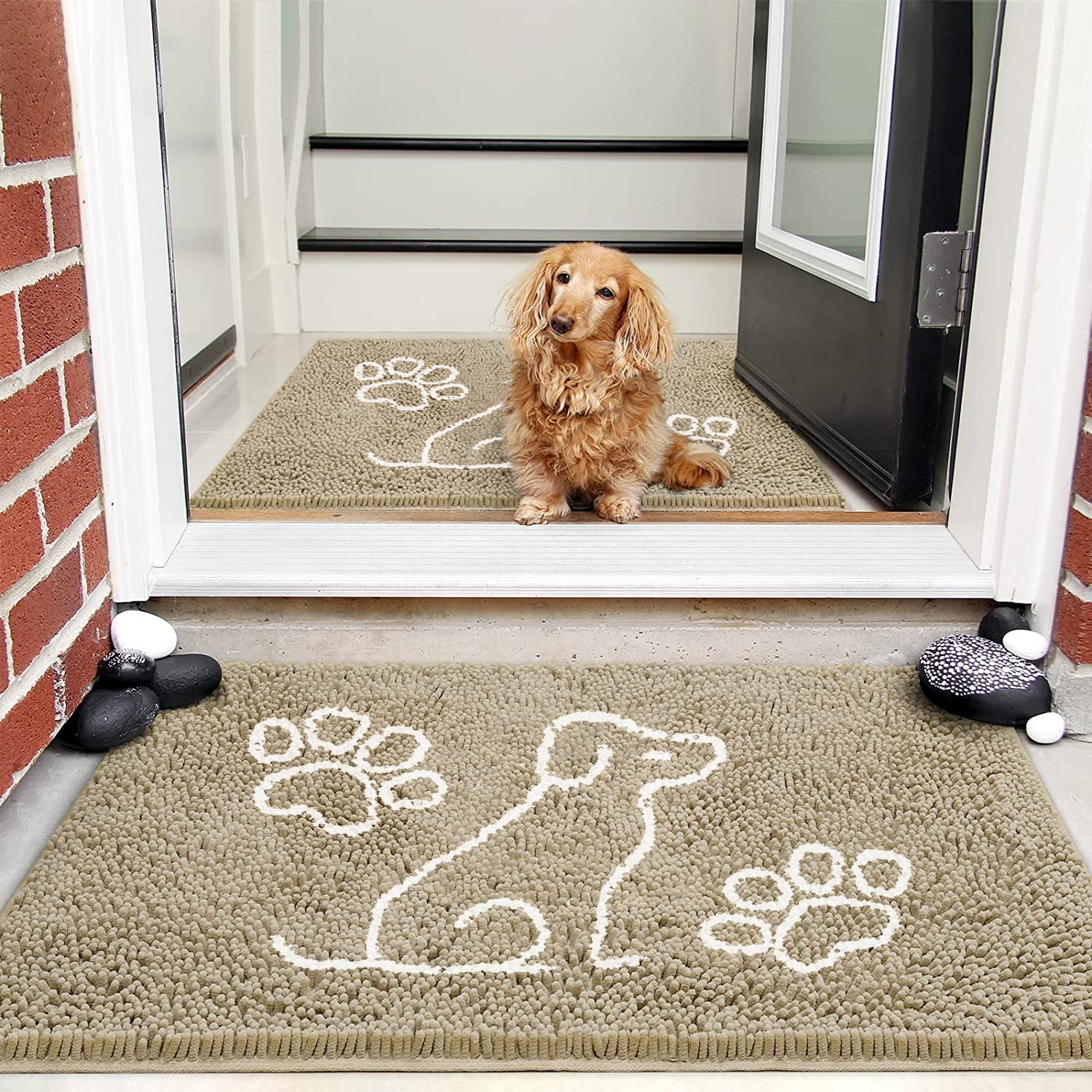 Ompaa Indoor Muddy Door Mats for Dirty Dogs Paws and Mud Shoes, 32x20  camel, Funny Inside Welcome Absorbent chenille Doormat for