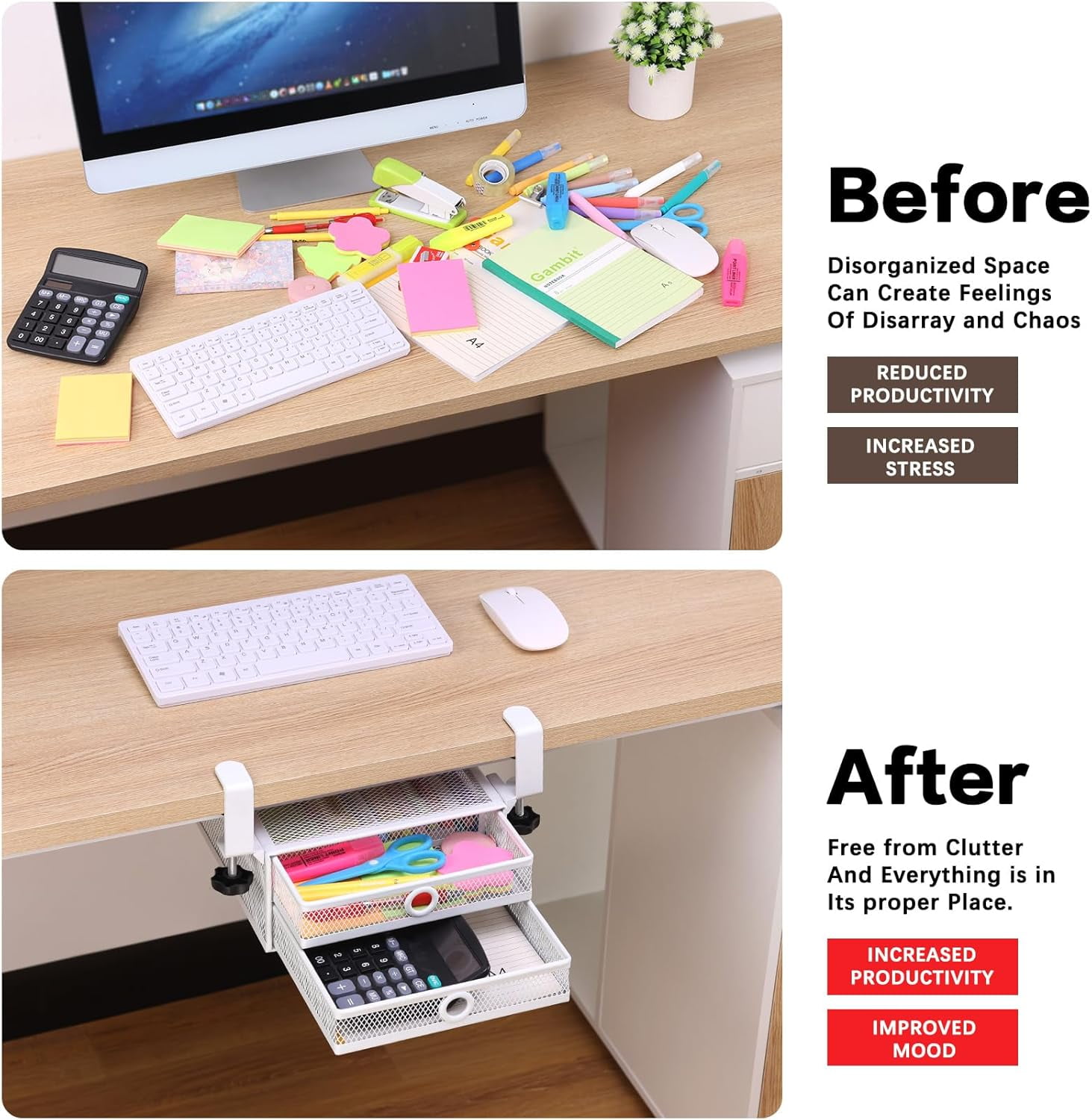 Under Desk & Desktop Drawer Organizer - 2-Tier Metal Slide Out Drawers Organizer, Storage for Home Office Desk (White)