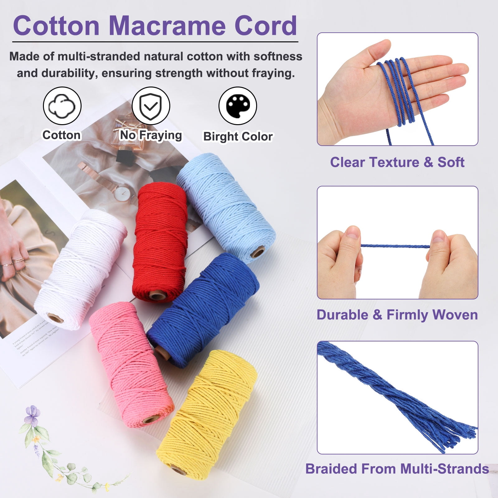 Braided Macrame Cord, 3mm x 109 Yards Natural Cotton Rope Macrame Yarn Bohemia Craft String with Scissors(Dark Blue)