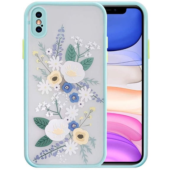 Compatible with iPhone X/XS Case for Clear Flowers Pattern Frosted PC Back 3D Floral Girls Woman and Soft TPU Bumper Protective Silicone Slim Shockproof Case for iPhone X/XS-Blue