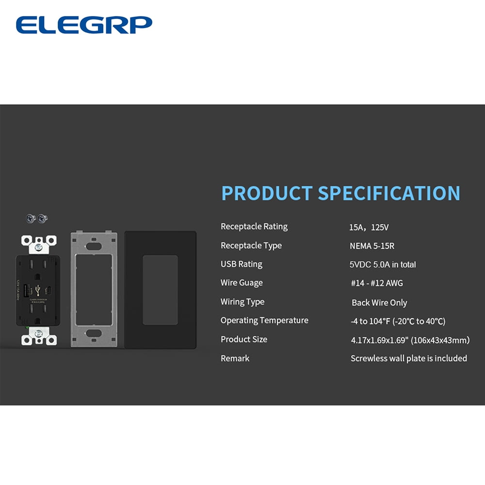 ELEGRP USB Outlets Receptacles, USB C Wall Outlet, 25W 5.0 Amp High Speed Charging USB Electrical Outlet, 15 Amp Tamper-Resistant Outlet with USB C Ports, UL Listed, Wall Plate Included