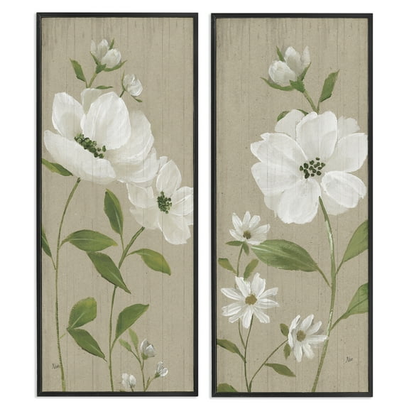 Stupell Industries Cottage Blossoms on Beige Plants & Flowers Painting Black Framed Art Print Wall Art, 10 x 24, Set of 2