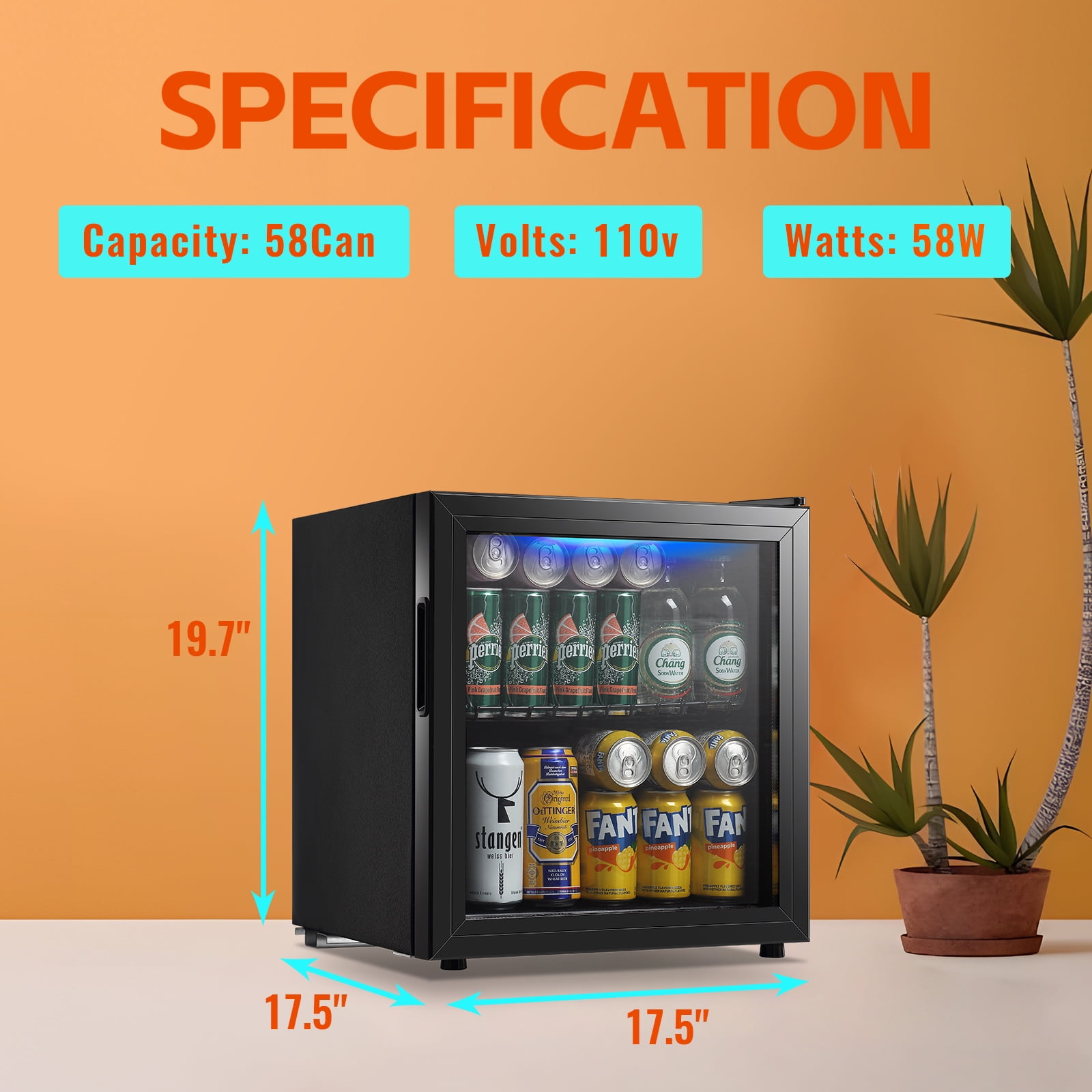 JIEJIA Beverage Refrigerators 58-Can Small Mini Fridge Glass Door, Removable Shelves for Soda Beer or Wine, 1.7 Cu.ft