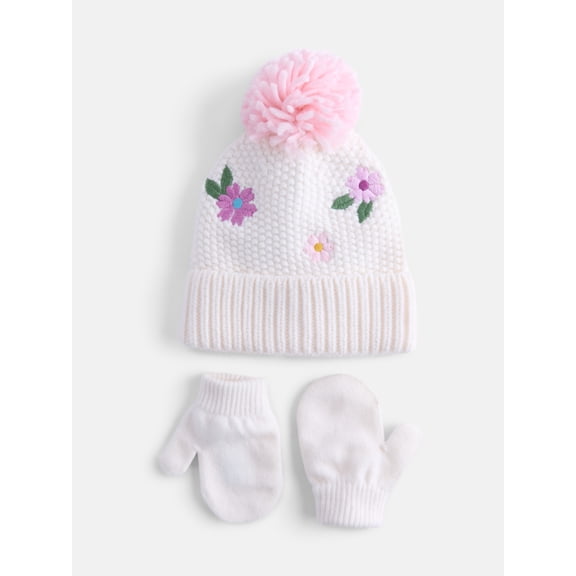 Wonder Nation Toddler Boys or Girls Pom Pom Beanie and Mittens Set, 2 Piece, One Size