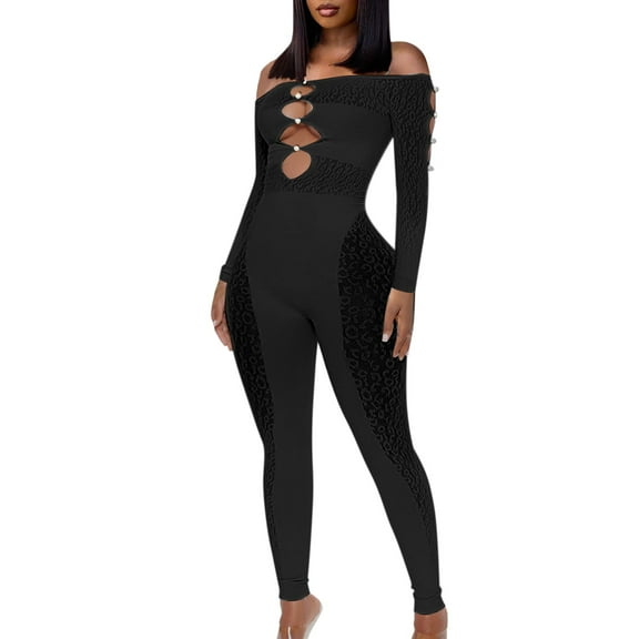 TAIAOJING Women's Casual Sleeveless Jumpsuits Long Sleeve See Through Jumpsuit Leopard Print Pearl Button Off Shoulder Jumpsuit