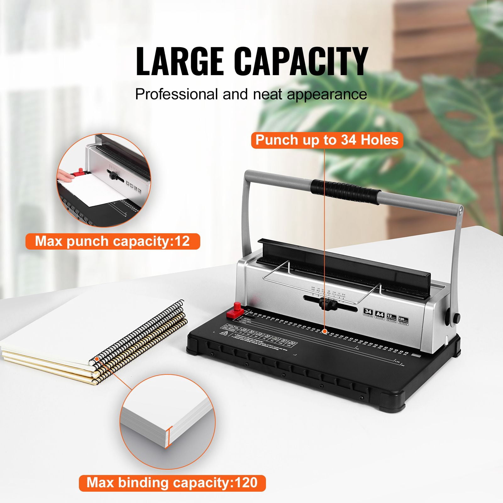 34-Hole Manual Coil Binding Machine, Spiral Book Binder 120 Sheets, Adjustable 3/16"-9/16" Plastic Coils, Side Margin Guide for Letter A4 A5