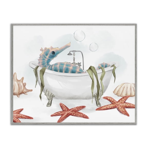 Stupell Industries Tropical Seahorse Resting Nautical Bath Tub Starfish Bubbles Gray Framed Giclee Art, 14 x 11, by Ziwei Li