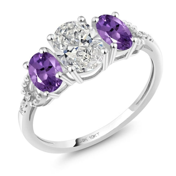 Gem Stone King 10K White Gold IGI Certified Lab Grown Diamond and Purple Amethyst 3-Stone Engagement Ring | 1.92 Cttw | Center Oval Diamond 1.00 Ct | E-F Color | VS1-VS2 Clarity (Size 7)
