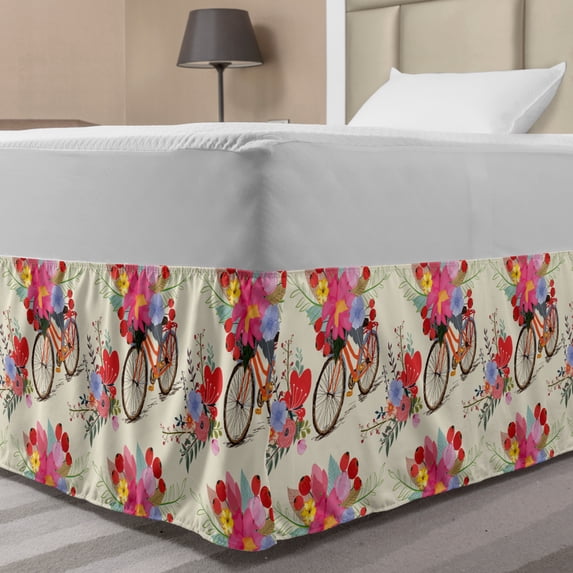 Spring Bed Skirt, Botanical Elements Like Fruits and Various Flowers Bouquet Along Bicycle Pattern, Elastic Bedskirt Dust Ruffle Wrap Around for Bedding Decor, 4 Sizes, Multicolor, by Ambesonne