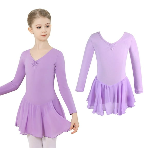 Kids Ballet Leotard Long Sleeve Purple Girls Leotards for Dance with Skirt Ballet Outfit Kids Leotard for Girls 4-5 Years
