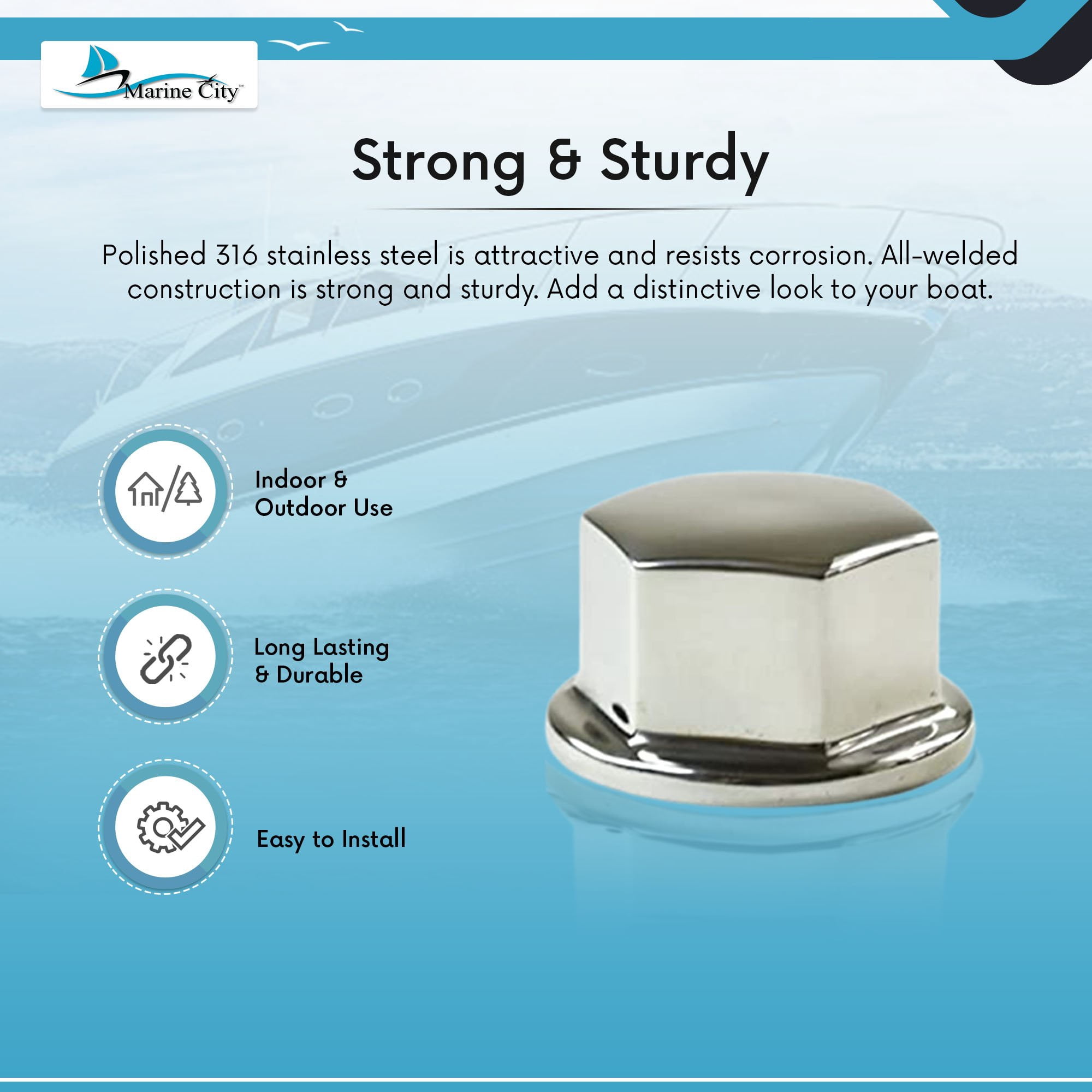 MARINE CITY 316 Stainless Steel Steering Wheel Knob with Cap, Gloss Polished Finish, Durable Spinning Ball Bearing for Boats, Yachts, Kayaks, and Caravans Pack of 1