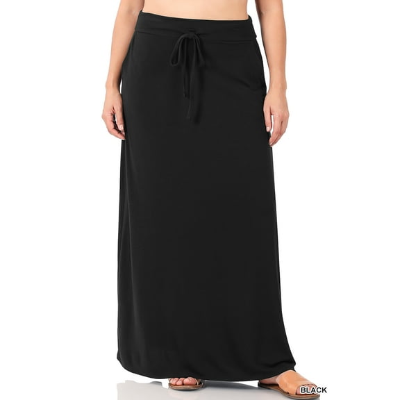 Zenana Women & Plus Relaxed Drawstring Waist Draped Basic Maxi Skirts with Side Pockets