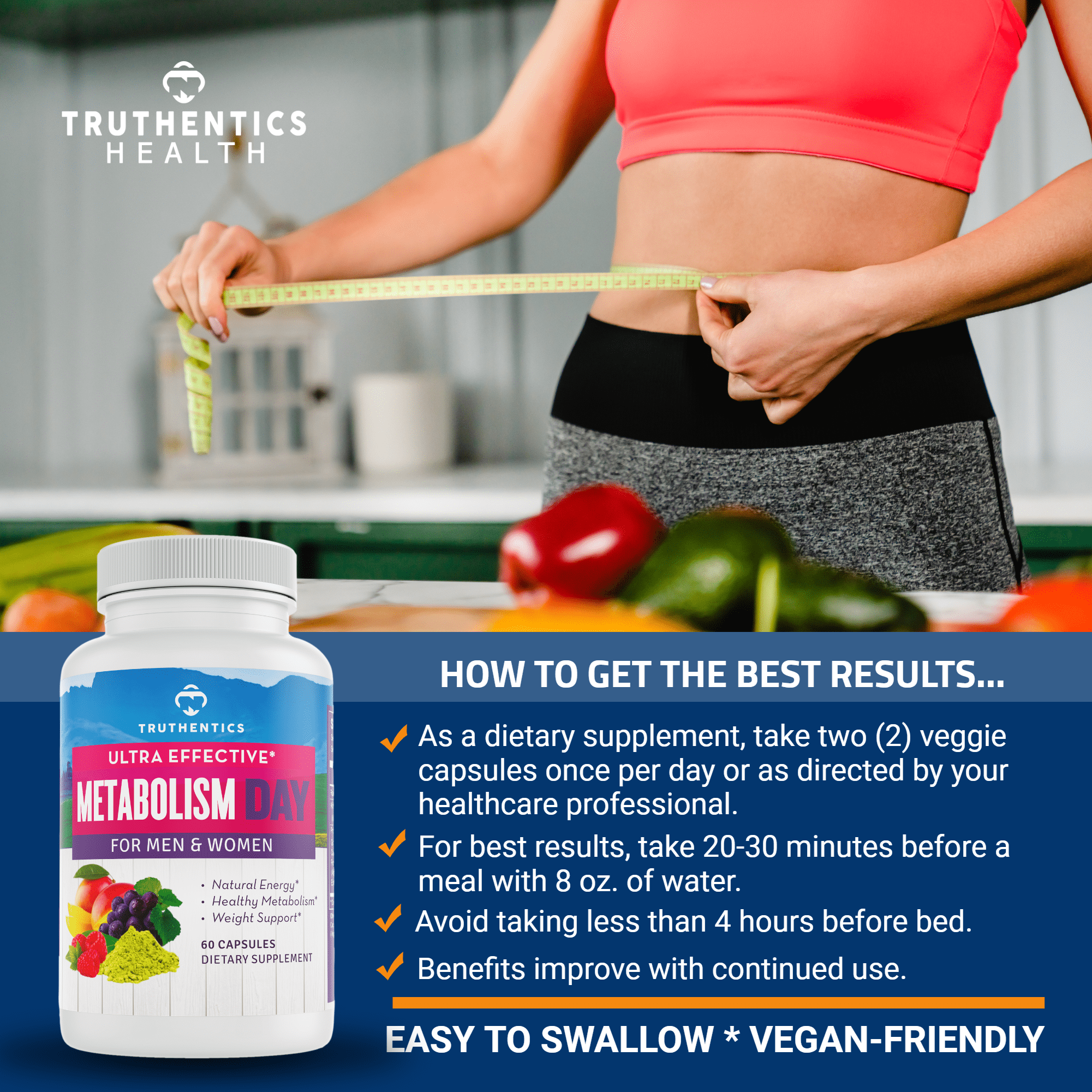 Truthentics Metabolism Booster Supplement for Women & Men, Promotes Energy & Weight Management, 60 Capsules