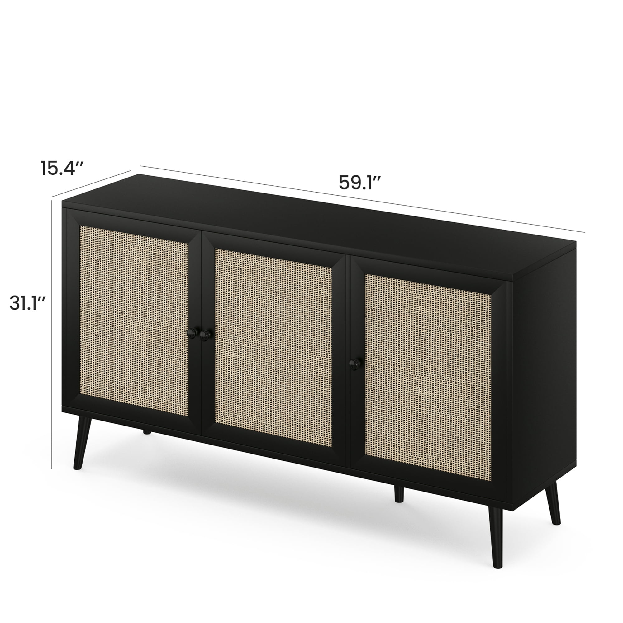 MAYEERTY Black 59*15*31"Modern Sideboard Buffet Cabinet with 3 Rattan Doors for Living Room, Entryway