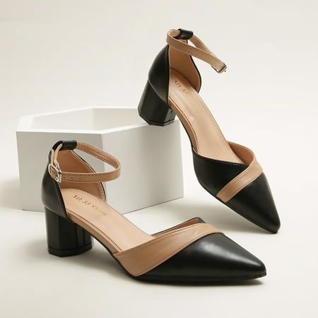 

Women‘s Color-block Pointed Toe Chunky Heeled Ankle Strap Sandals
