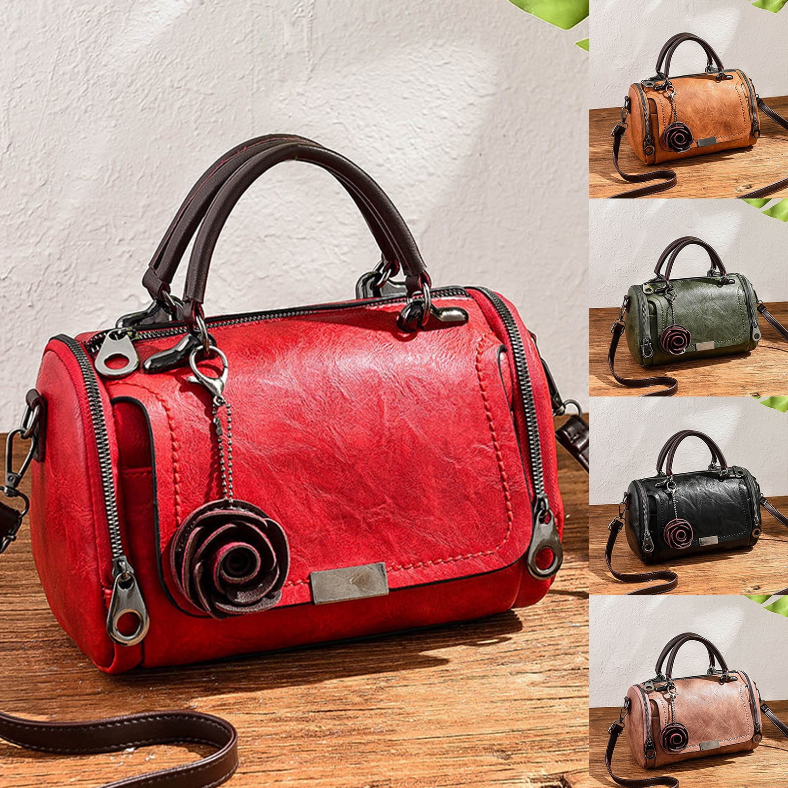 Vintage Top Handle Crossbody Bags for Women Rose Retro Leather Small Cross Body Barrel Purse Satchel Handbags