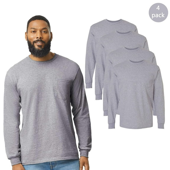 Gildan Men’s Classic 4 Pack T-Shirt, Pullover Sport Grey Long Sleeve Comfortable Pocket Tee, S