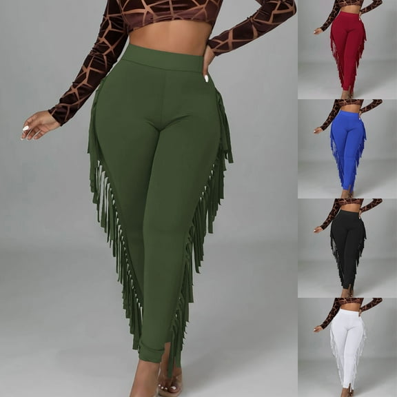 FRSASU Women's Fringe High Waist Solid Tight Side Tassel Pants Yoga Sweatpants Bandage Pants White